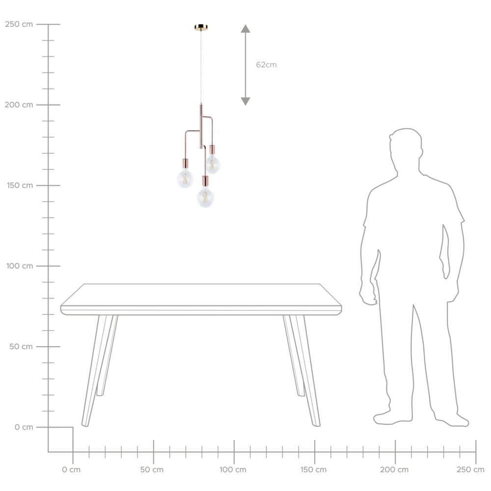 Lampadario Metallo Color Rame 3 Luci Effetto Lampadina Incandescenza