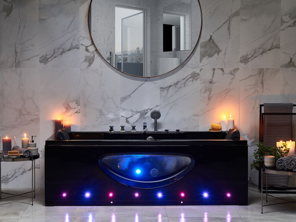 Vasca Idromassaggio Nero Sanitario Vetro Acrilico Frontale Trasparente Luci LED Poggiatesta Massaggio Getti d'Acqua Rettangolare 180 x 80 cm