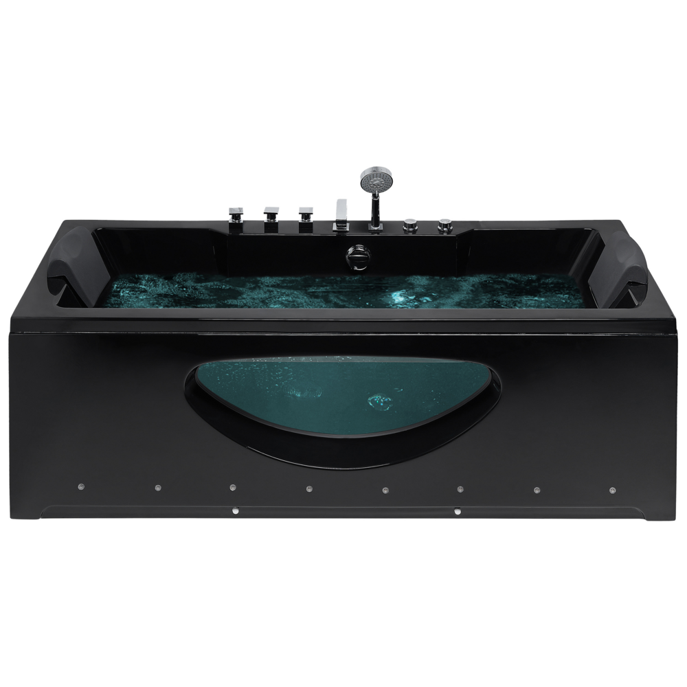 Vasca Idromassaggio Nero Sanitario Vetro Acrilico Frontale Trasparente Luci LED Poggiatesta Massaggio Getti d'Acqua Rettangolare 180 x 80 cm