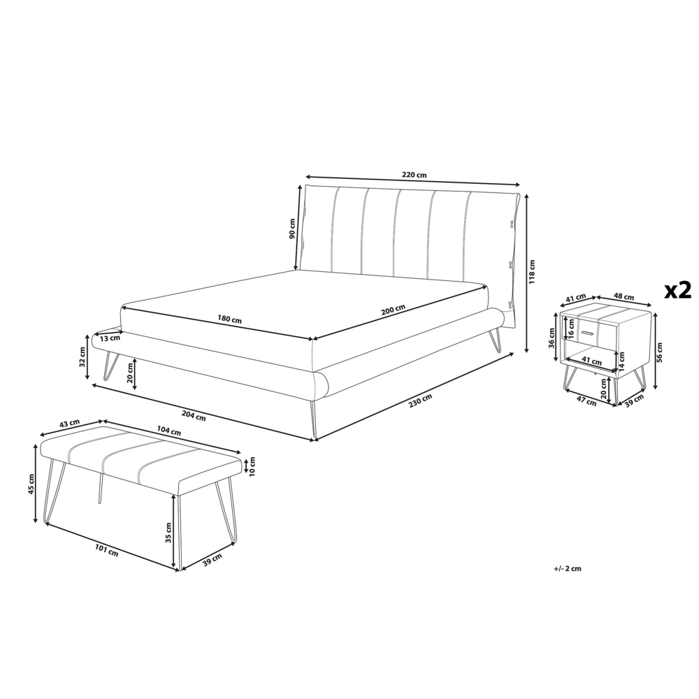Letto con Panca e 2 Comodini in Ecopelle Testiera Decorativa 180 x 200 cm