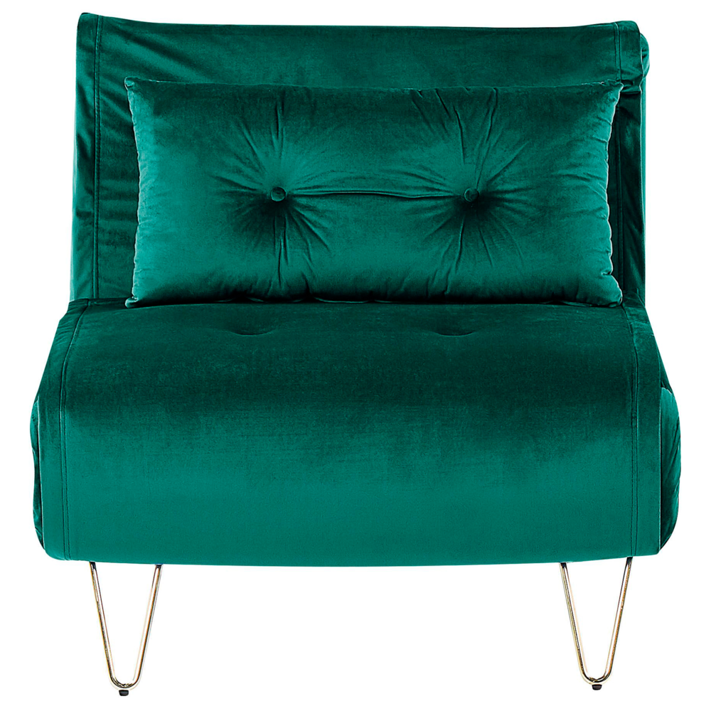 Divano letto piccolo velluto verde scuro 1 posto letto pieghevole senza braccioli con cuscino gambe in metallo dorato glamour