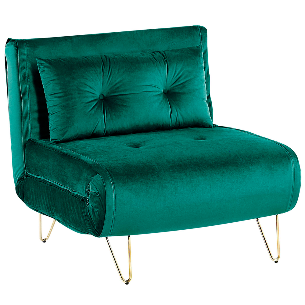 Divano letto piccolo velluto verde scuro 1 posto letto pieghevole senza braccioli con cuscino gambe in metallo dorato glamour
