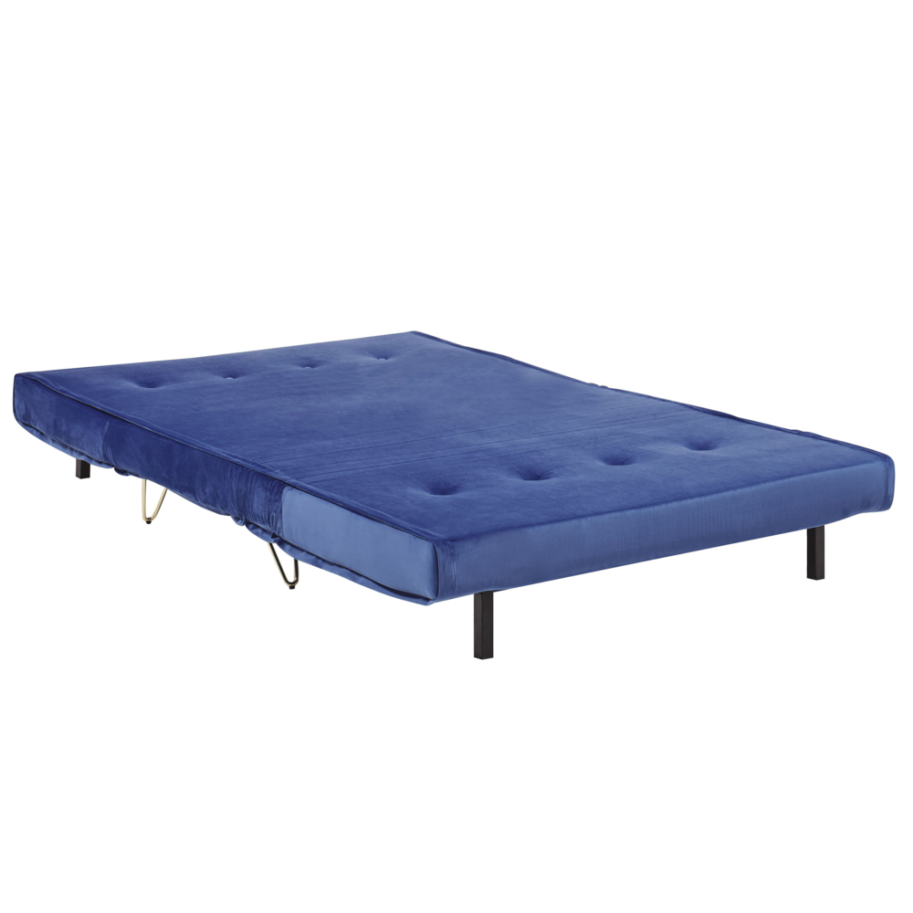Divano letto in velluto blu navy a 2 posti letto pieghevole senza braccioli con 2 cuscini gambe in metallo dorato glamour