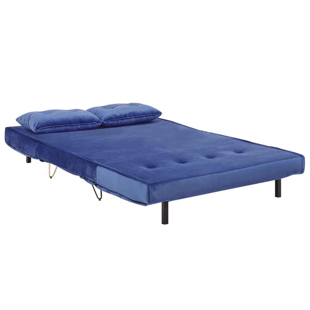 Divano letto in velluto blu navy a 2 posti letto pieghevole senza braccioli con 2 cuscini gambe in metallo dorato glamour