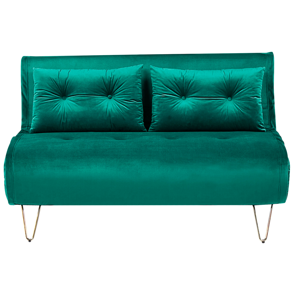 Divano Letto Velluto Verde Scuro 2 Posti Letto Sfoderabile senza braccioli Con 2 Cuscini Gambe In Metallo dorato Glamour