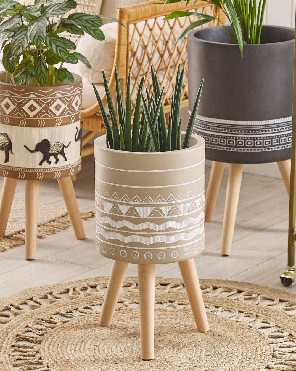 Supporto per piante in ceramica beige rotondo 30 x 30 cm gambe in legno massello moderno scandinavo alto vaso per piante