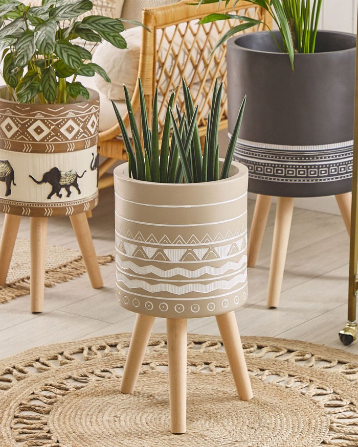 Supporto per piante in ceramica beige rotondo 30 x 30 cm gambe in legno massello moderno scandinavo alto vaso per piante