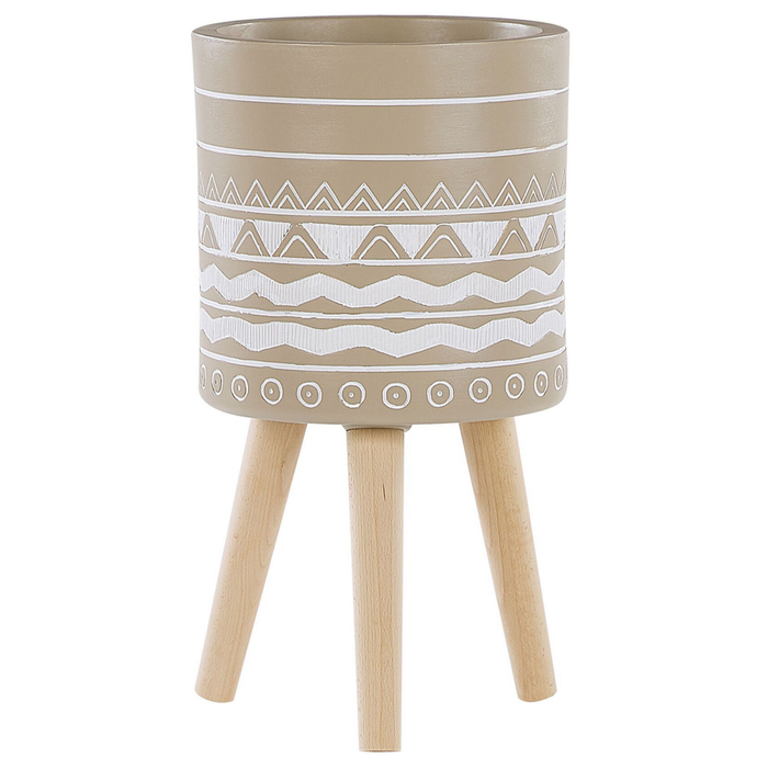 Supporto per piante in ceramica beige rotondo 30 x 30 cm gambe in legno massello moderno scandinavo alto vaso per piante