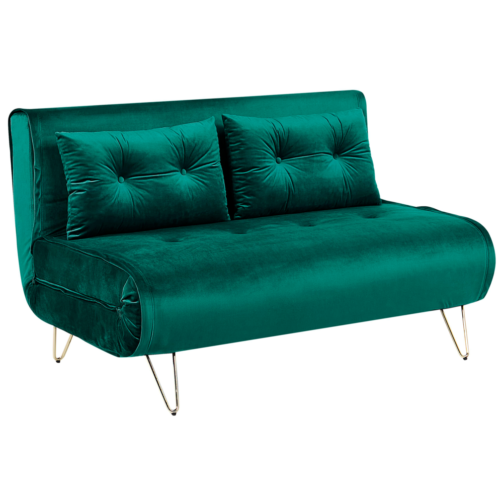 Divano Letto Velluto Verde Scuro 2 Posti Letto Sfoderabile senza braccioli Con 2 Cuscini Gambe In Metallo dorato Glamour