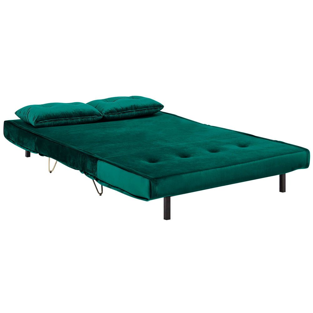Divano Letto Velluto Verde Scuro 2 Posti Letto Sfoderabile senza braccioli Con 2 Cuscini Gambe In Metallo dorato Glamour