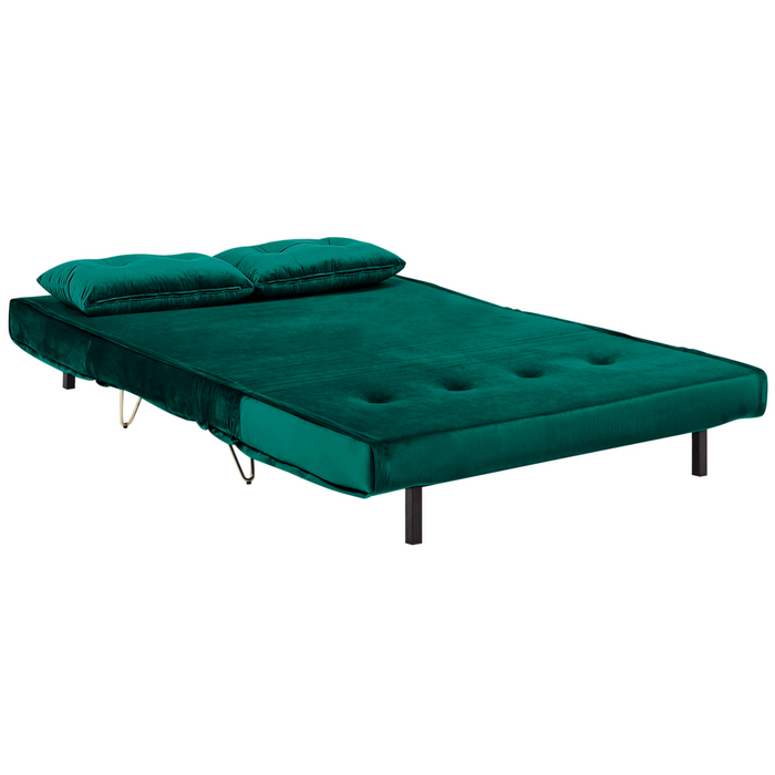 Divano Letto Velluto Verde Scuro 2 Posti Letto Sfoderabile senza braccioli Con 2 Cuscini Gambe In Metallo dorato Glamour