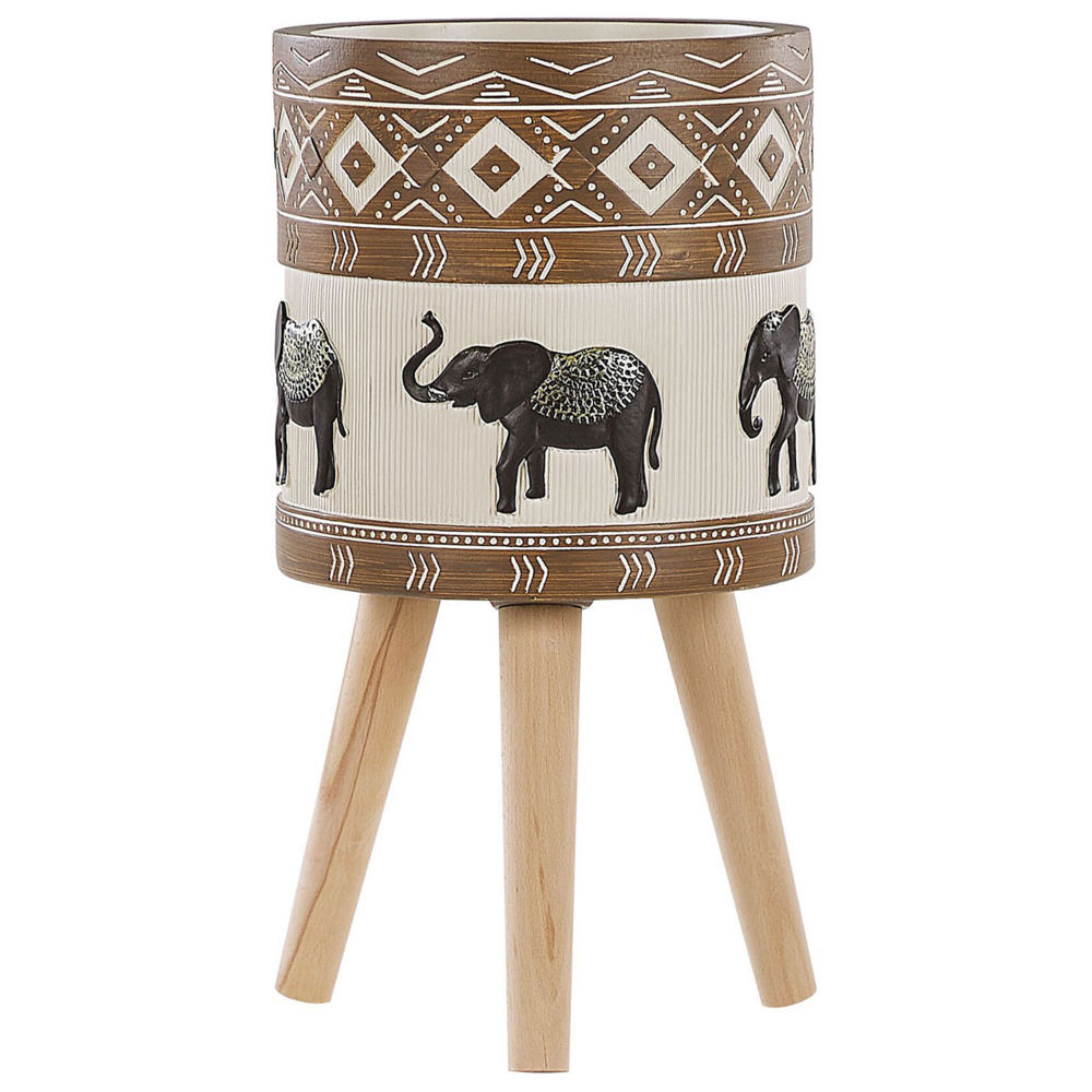Supporto per piante in magnesio rotondo con base in legno massello rustico con motivo a elefante. Vaso per piante alto