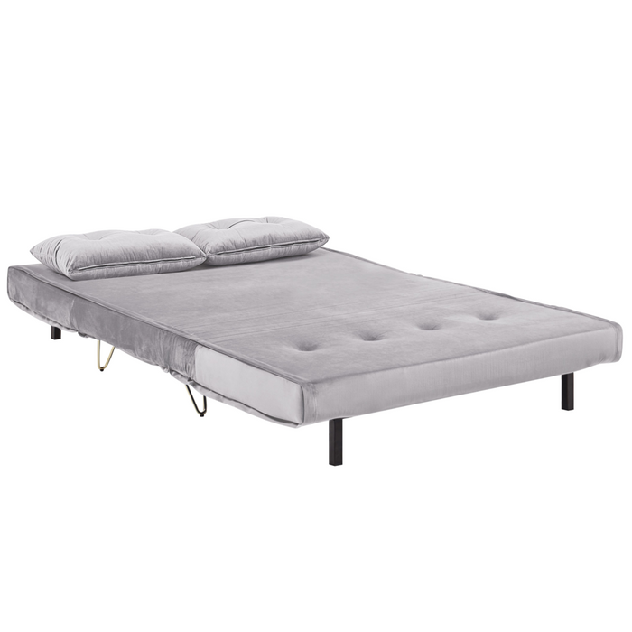 Divano Letto Velluto Grigio 2 Posti Letto Sfoderabile senza braccioli Con 2 Cuscini Gambe In Metallo dorato Glamour