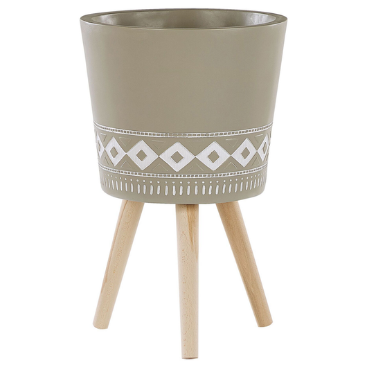 Supporto per piante in ceramica color talpa rotondo 41 x 41 cm gambe in legno massello moderno scandinavo alto vaso per piante