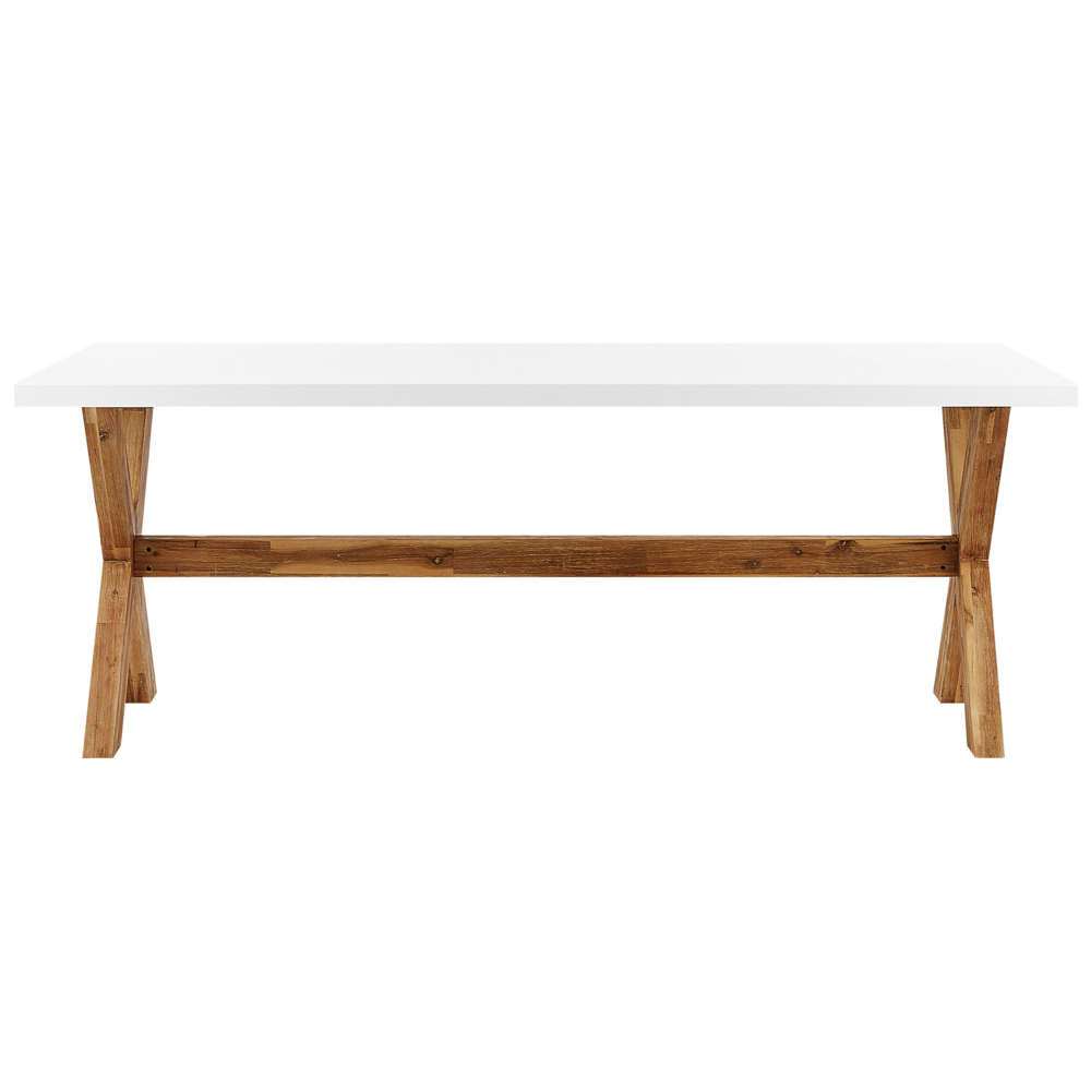 Tavolo da pranzo per esterni in cemento bianco con gambe in legno chiaro acacia 8 persone capacità 200 x 100 cm