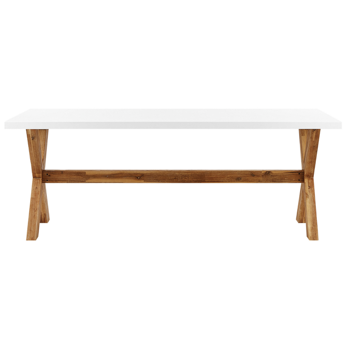 Tavolo da pranzo per esterni in cemento bianco con gambe in legno chiaro acacia 8 persone capacità 200 x 100 cm