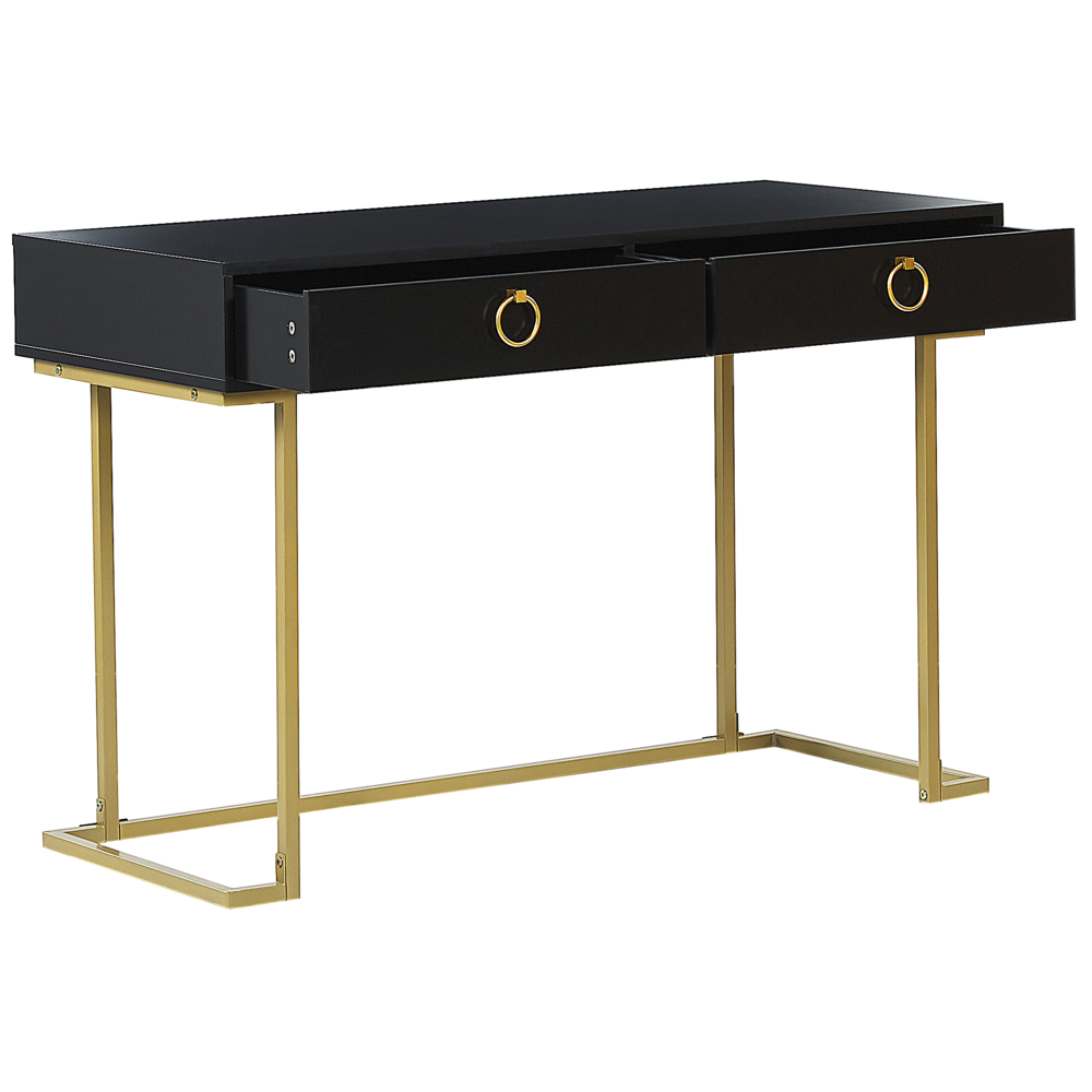 Consolle Nero 2 cassetti con maniglie ad anello Base in metallo dorato scrivania smart working Tavolo da salotto Comò per camera da letto