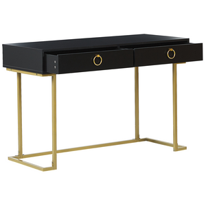 Consolle Nero 2 cassetti con maniglie ad anello Base in metallo dorato scrivania smart working Tavolo da salotto Comò per camera da letto