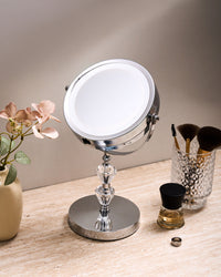 Specchio da tavolo illuminato in metallo argentato Ã¸ 20 cm con luci LED d'ingrandimento bifacciali