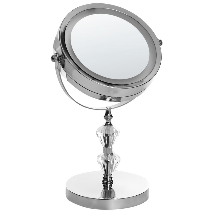 Specchio da tavolo illuminato in metallo argentato Ã¸ 20 cm con luci LED d'ingrandimento bifacciali