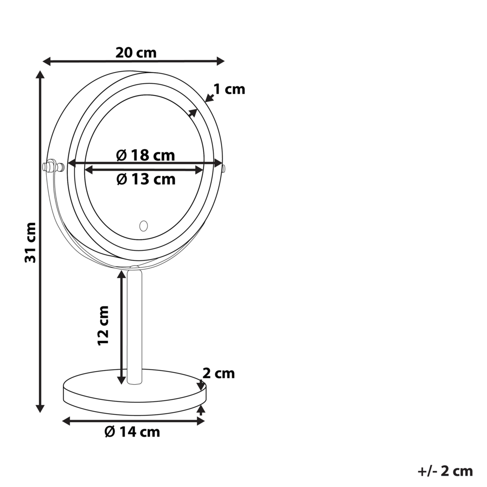 Specchio da tavolo illuminato in metallo argentato ø 20 cm con luci LED d'ingrandimento bifacciali