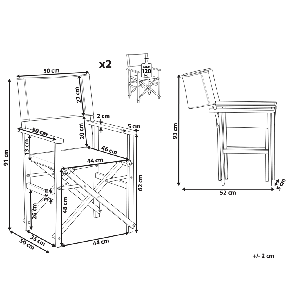 Set di 2 Sedie da Regista in Legno Scuro di Acacia e Bianco Sporco Pieghevoli