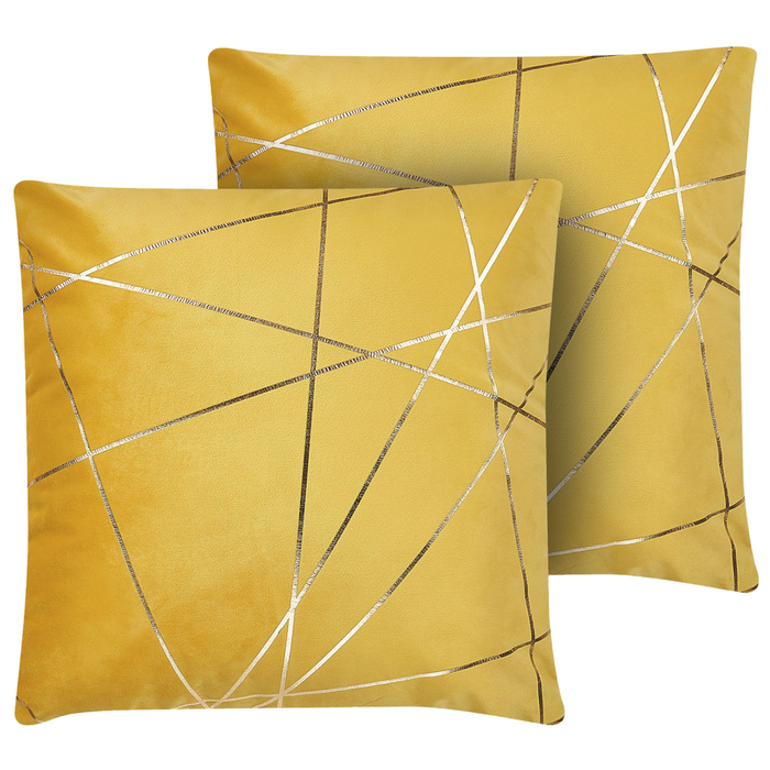 Set di 2 Cuscini decorativi con motivo geometrico Dorato 45 x 45 cm velluto Giallo