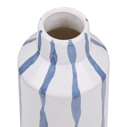 Vaso per fiori decorativo in gres porcellanato effetto craquelé bianco con strisce blu