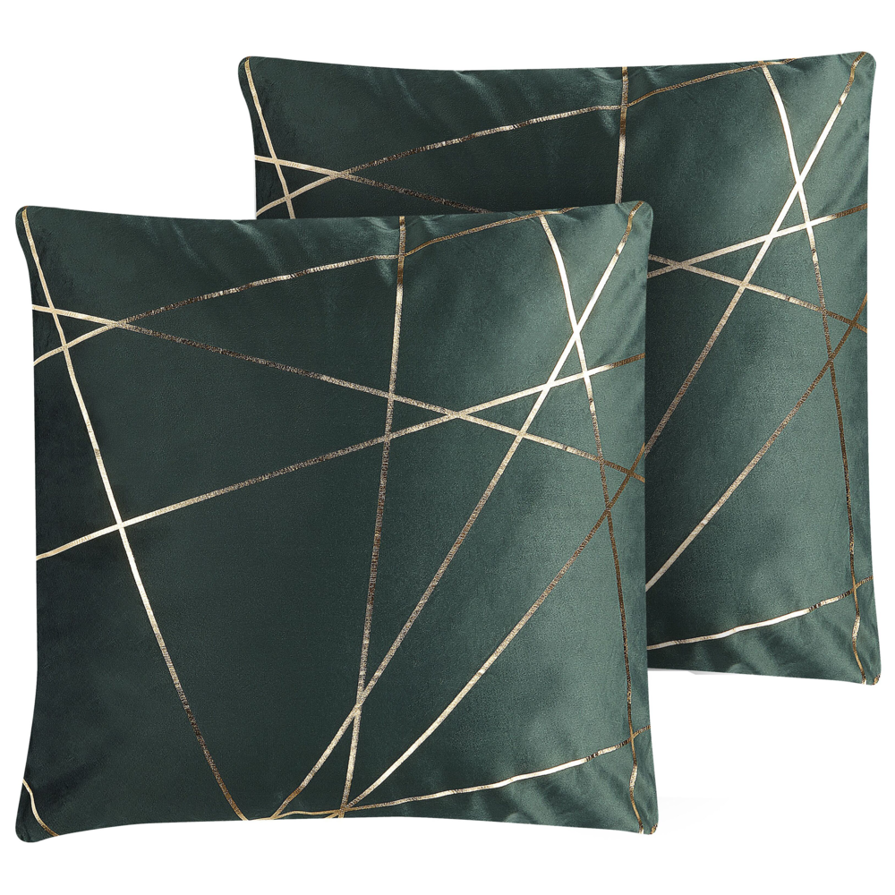 Set di 2 Cuscini decorativi con motivo geometrico Dorato 45 x 45 cm velluto Verde