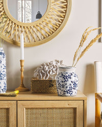 Vaso per fiori decorativo effetto craquelé motivo floreale bianco e blu navy