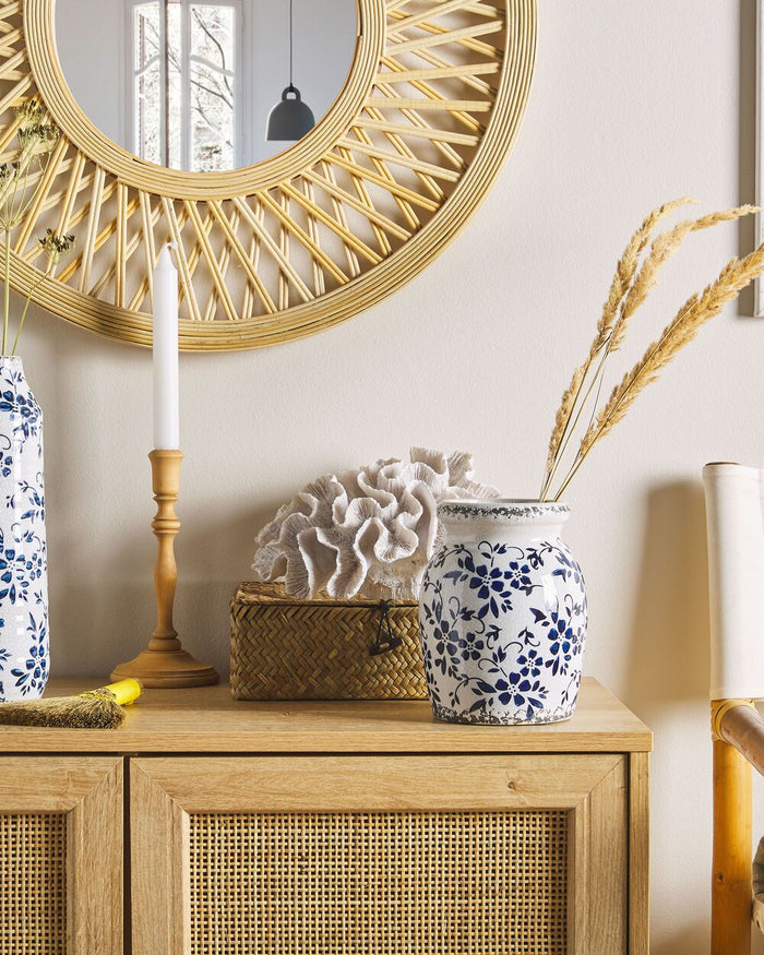 Vaso per fiori decorativo effetto craquelé motivo floreale bianco e blu navy