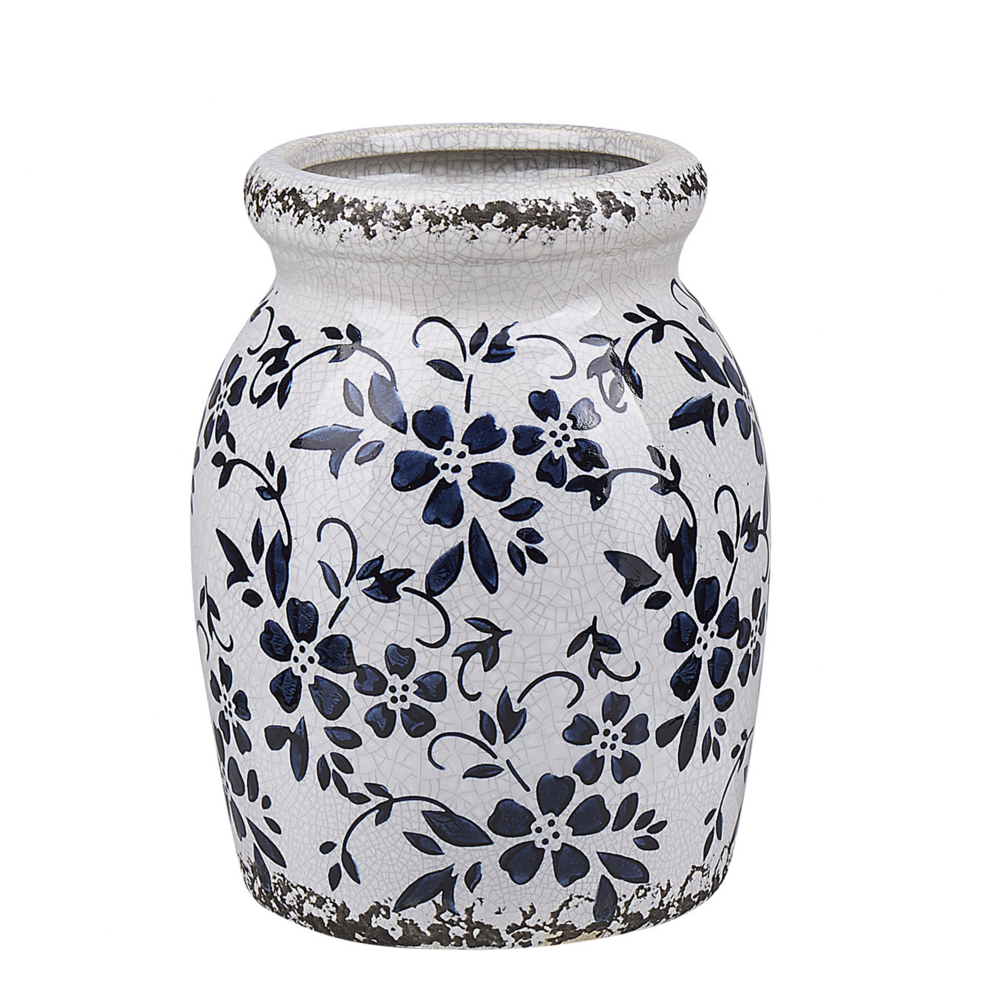 Vaso per fiori decorativo effetto craquelé motivo floreale bianco e blu navy