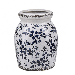 Vaso per fiori decorativo effetto craquelé motivo floreale bianco e blu navy