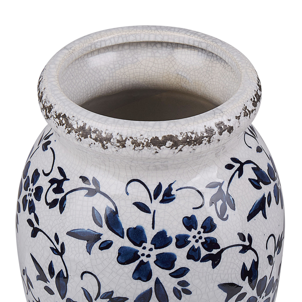 Vaso per fiori decorativo effetto craquelé motivo floreale bianco e blu navy