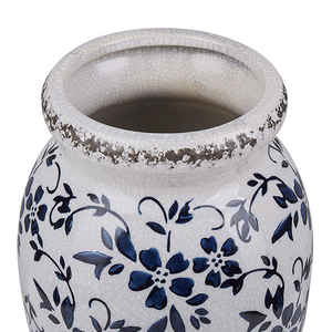 Vaso per fiori decorativo effetto craquelé motivo floreale bianco e blu navy