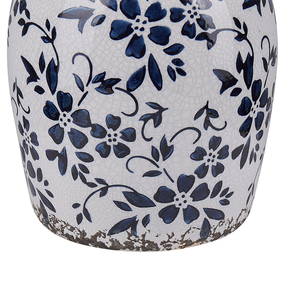 Vaso per fiori decorativo effetto craquelé motivo floreale bianco e blu navy