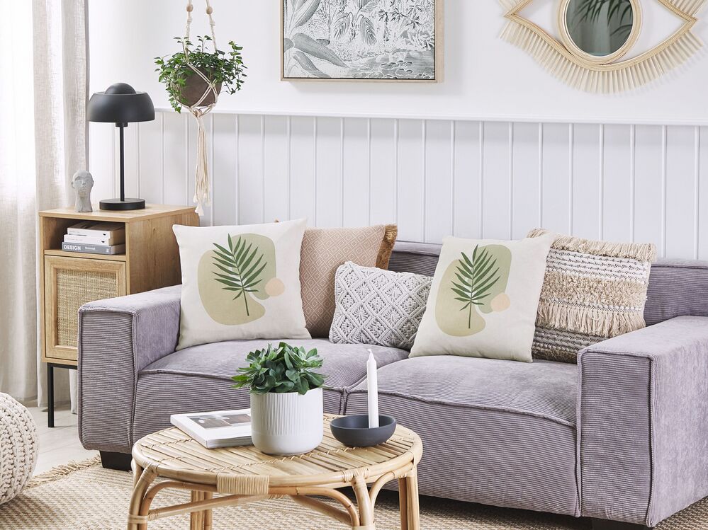 Set di 2 cuscini con motivo a foglia 45 x 45 cm di colore verde e beige salotto camera da letto stile boho moderno