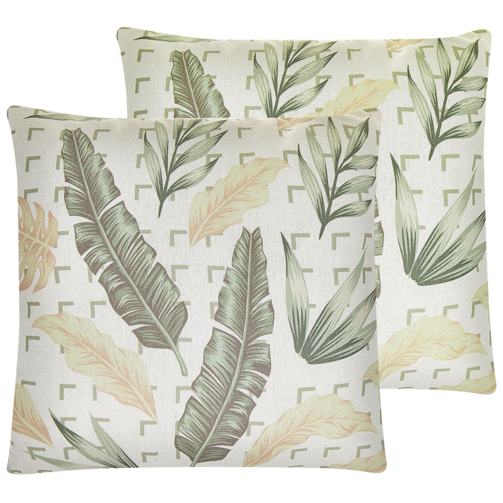 Set di 2 cuscini con motivo a foglia 45 x 45 cm colore verde e beige camera da letto soggiorno