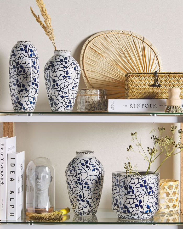 Vaso per fiori in gres porcellanato bianco e blu accessorio per la casa con motivo floreale 20 cm