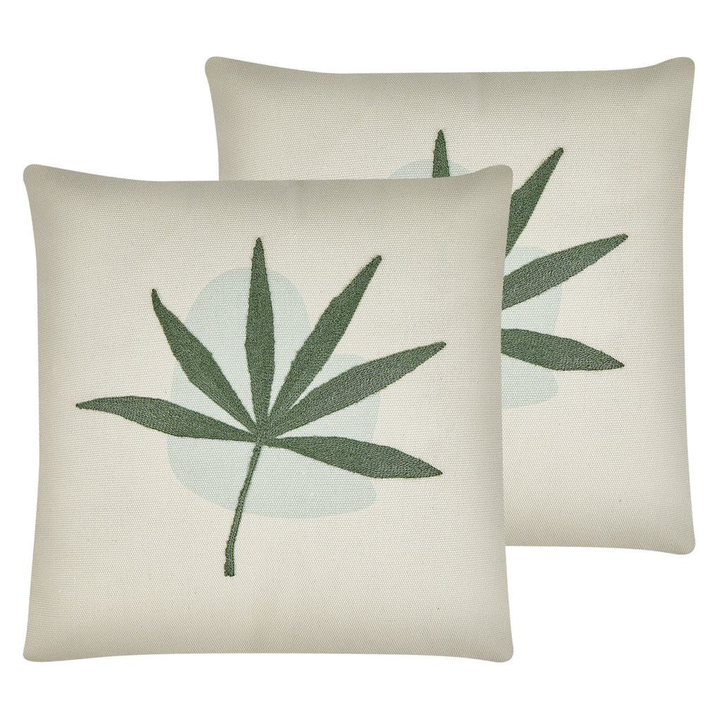 Set di 2 cuscini decorativi motivo foglia ricamata verde 45 x 45 cm