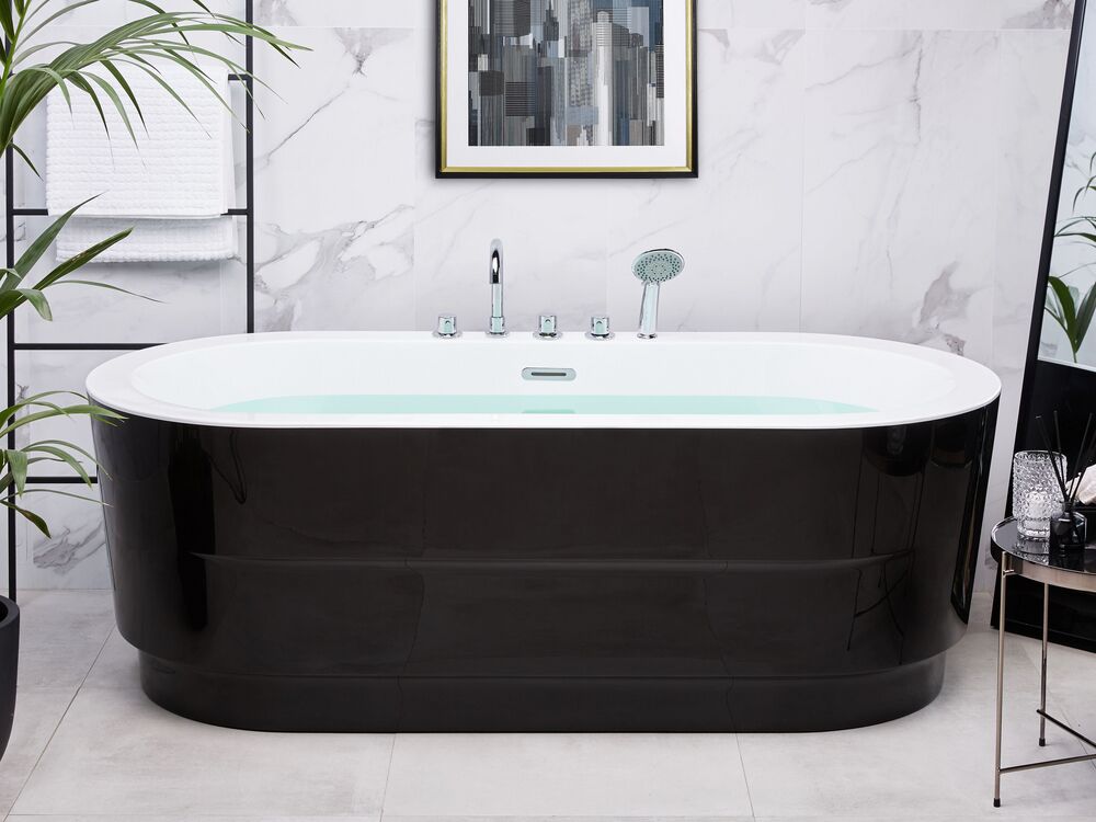 Vasca da Bagno Freestanding in Acrilico Nero Ovale con Rubinetteria 170 cm