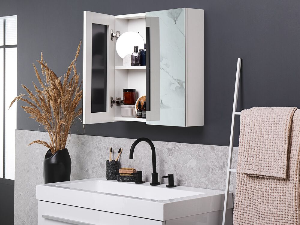 Armadietto a specchio per bagno in compensato bianco 60 x 60 cm Scaffali pensili a 2 ante