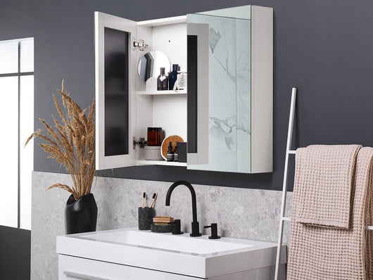Armadietto a specchio per bagno in compensato bianco 80 x 70 cm Scaffali pensili a 2 ante