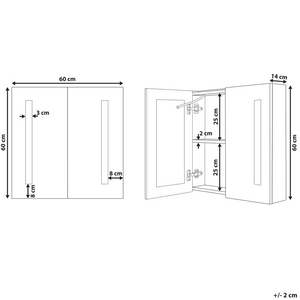 Armadietto a specchio per bagno in multistrato argento 60 x 60 cm Armadio pensile a 2 ante con luci a LED