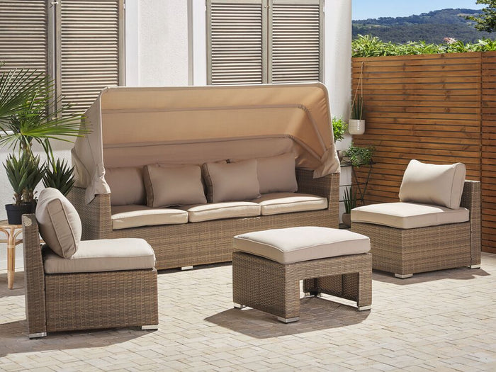Lounge Set da Giardino con Copertura a 5 Posti in Rattan Beige