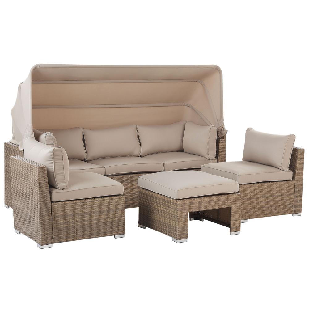 Lounge Set da Giardino con Copertura a 5 Posti in Rattan Beige
