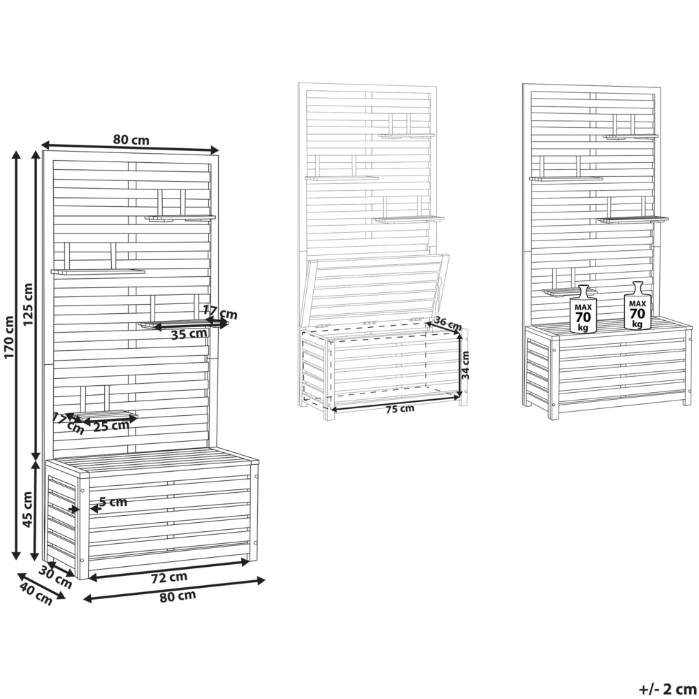 Panca da giardino con mensole e pannello in legno di acacia 80 cm