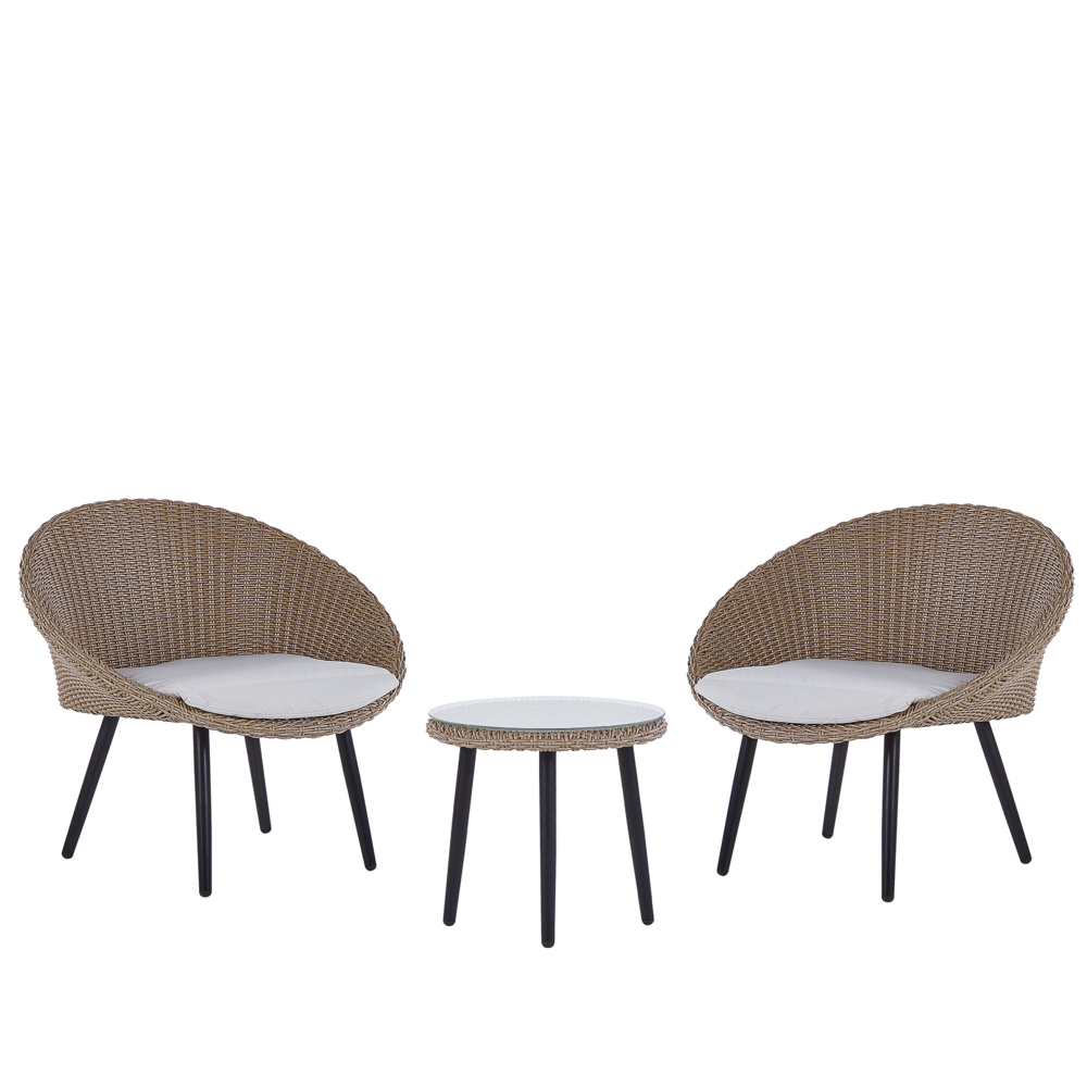 Set da bistrot da balcone con cuscini in vimini PE beige, tavolino e 2 sedie dal design moderno per esterni