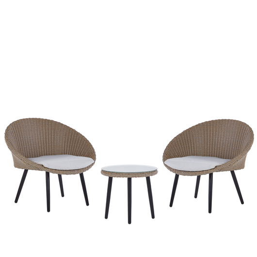 Set da bistrot da balcone con cuscini in vimini PE beige, tavolino e 2 sedie dal design moderno per esterni