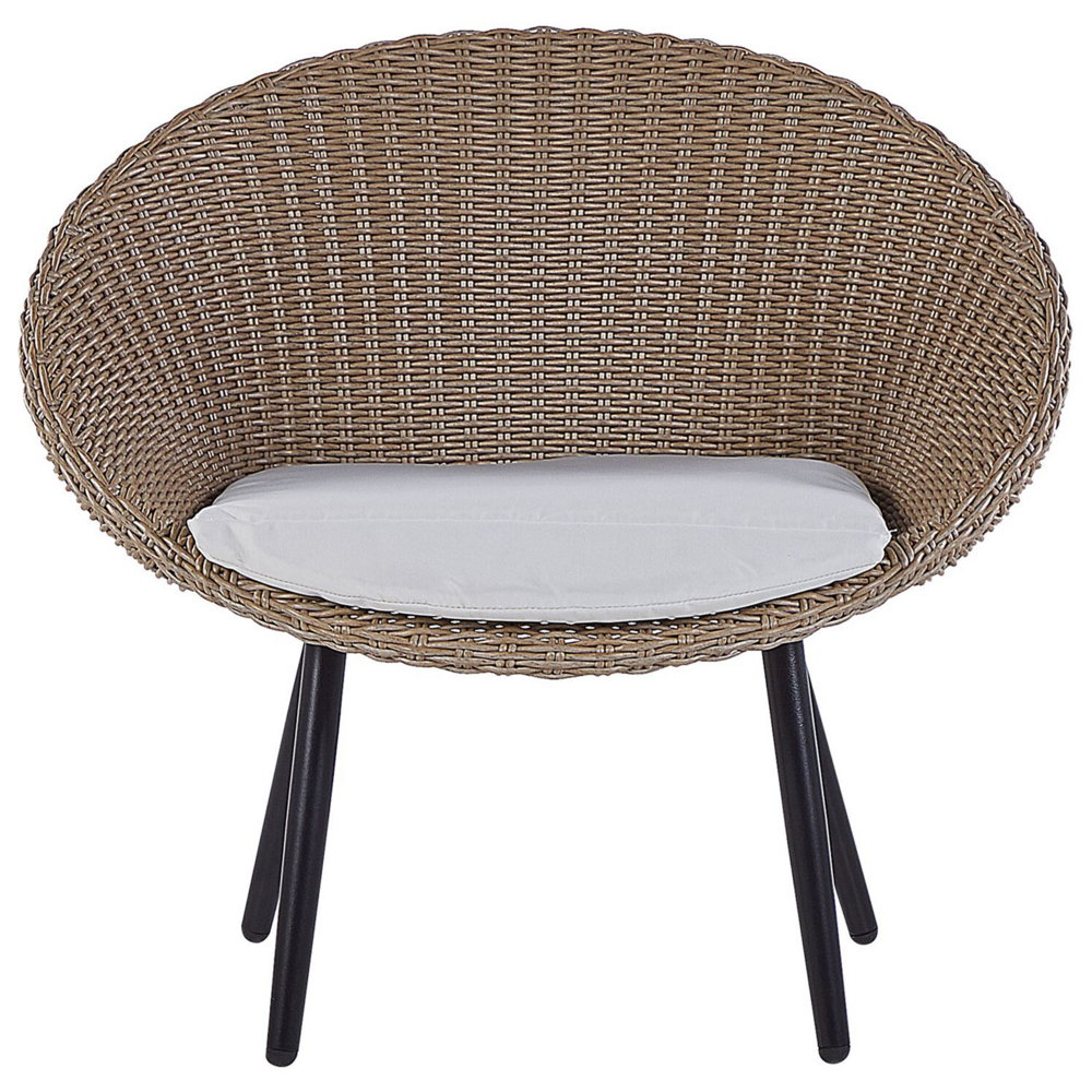 Set da bistrot da balcone con cuscini in vimini PE beige, tavolino e 2 sedie dal design moderno per esterni